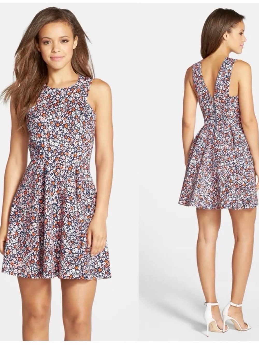 BCBGeneration Fit & Flare Dress Floral Navy Pink Orange Women's Size 4